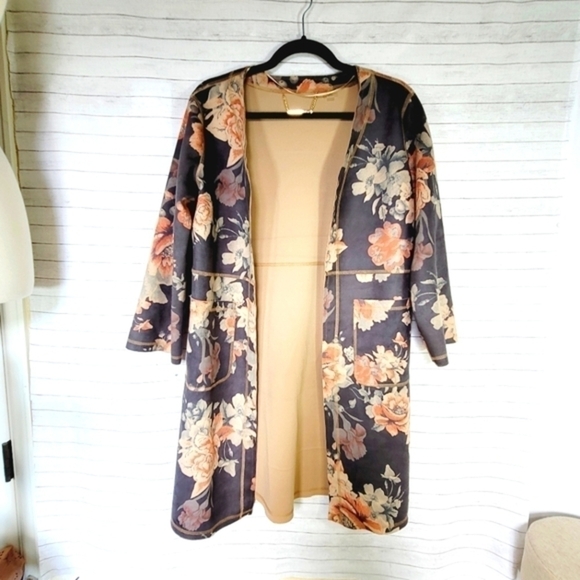 T TAHARI FAUX SUEDE FLORAL OPEN DRAPE JACKET, SZ SMALL - Picture 2 of 16
